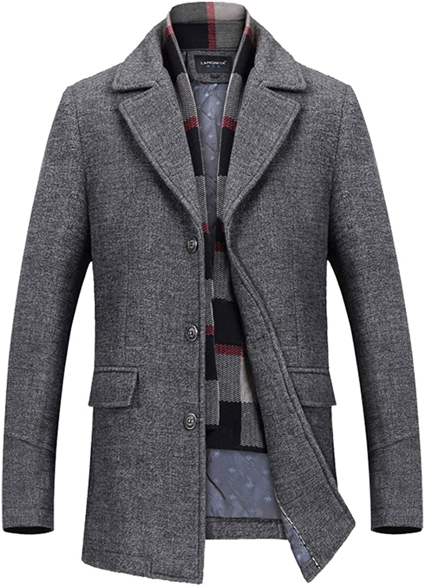 INVACHI Men's Slim Fit Winter Warm Short Woolen Coat Business Jacket with Free Detachable Soft Touch Wool Scarf