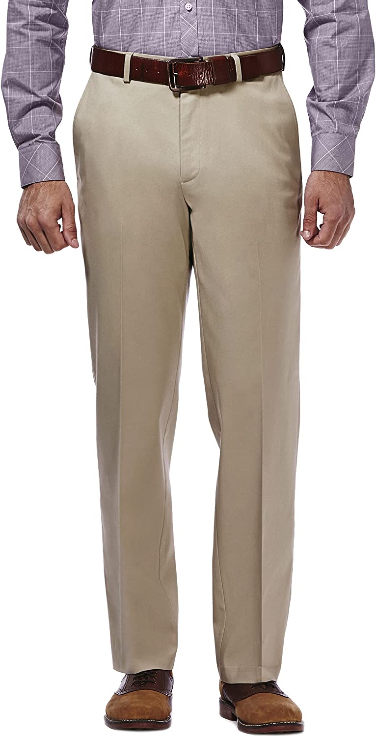 Haggar Men's Premium No Iron Khaki Classic Fit Expandable Waist Flat Front Pant
