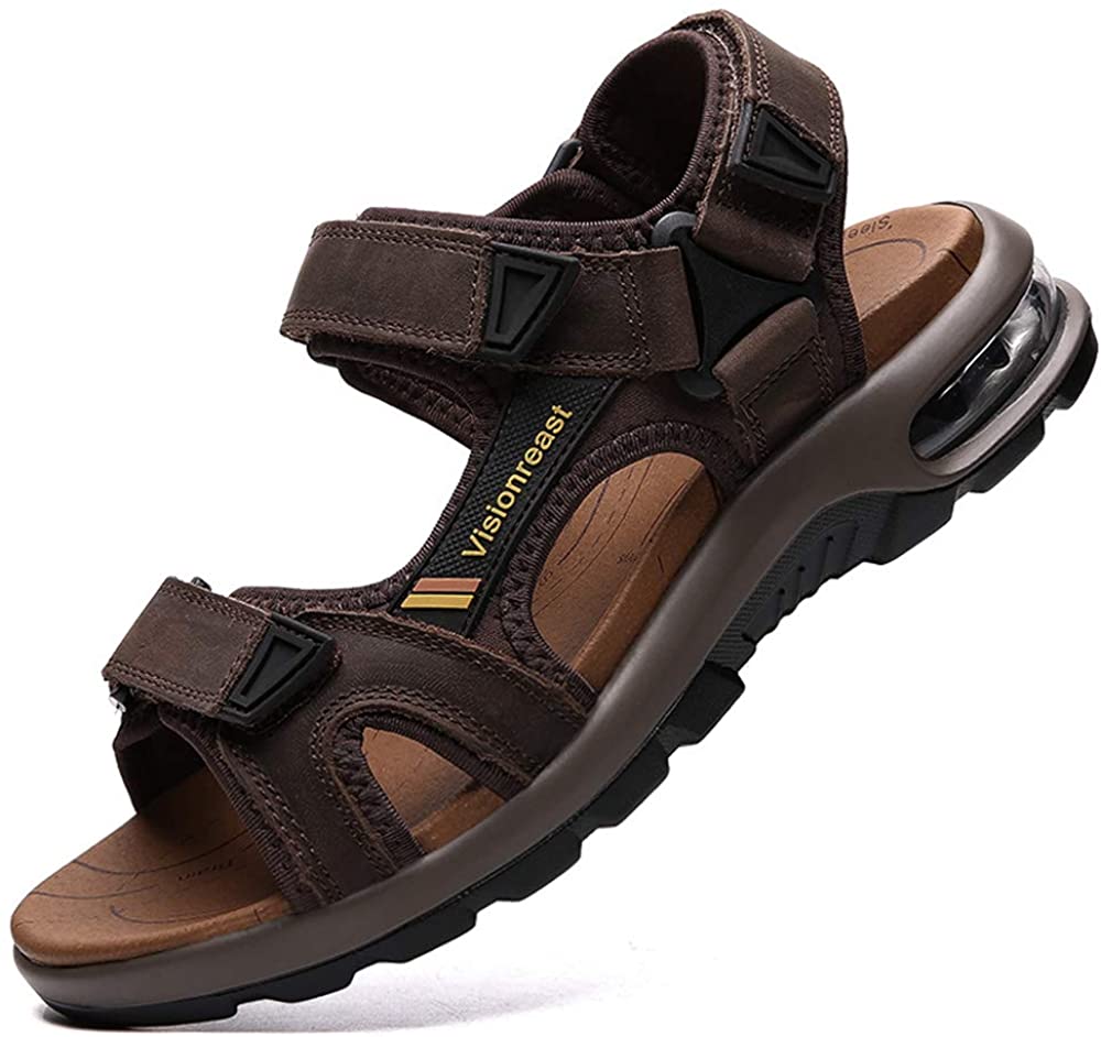 visionreast Mens Leather Sandals Open Toe Outdoor Hiking Sandals Air Cushion Sport Sandals Waterproof Beach Sandals