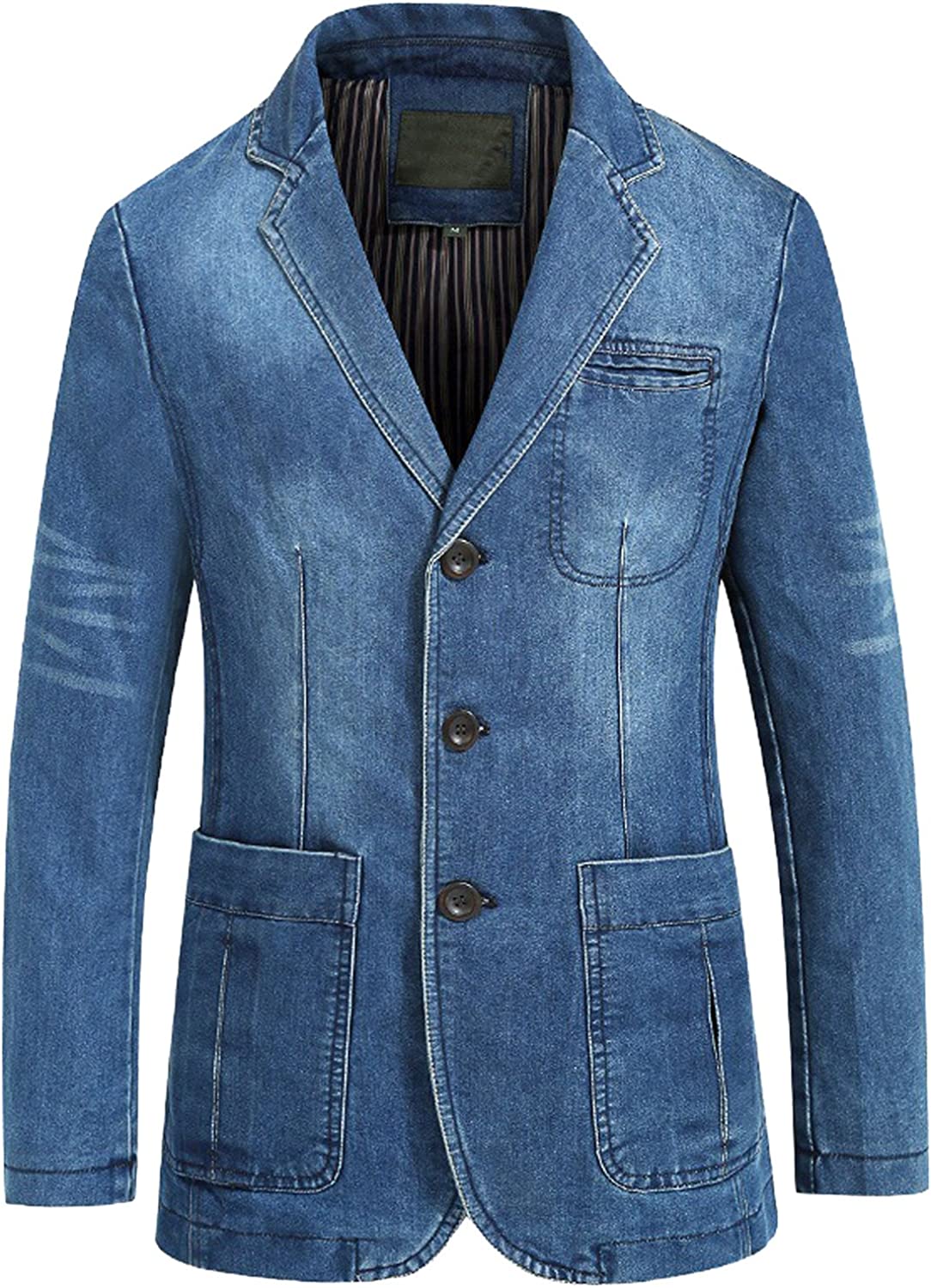 chouyatou Men's Classic Notched Collar 3 Button Tailoring Distressed Denim Blazer Jacket