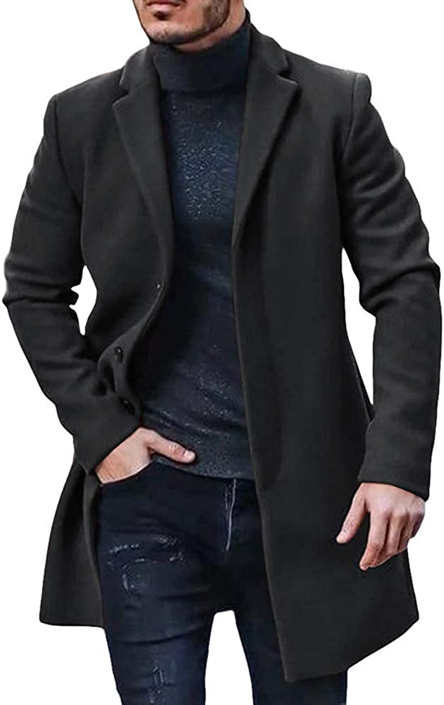 Men's Trench Coat Slim Fit Notch Lapel Single Breasted Top Coat Winter Warm Cotton Business Long Jacket Overcoat