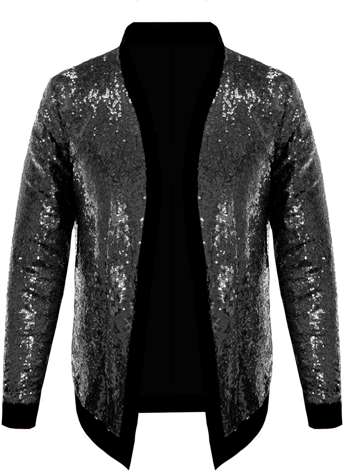 Pacinoble Mens Cardigan All Over Sparkle Sequin Open Front Long Sleeve Jacket with Ribbed Cuffs