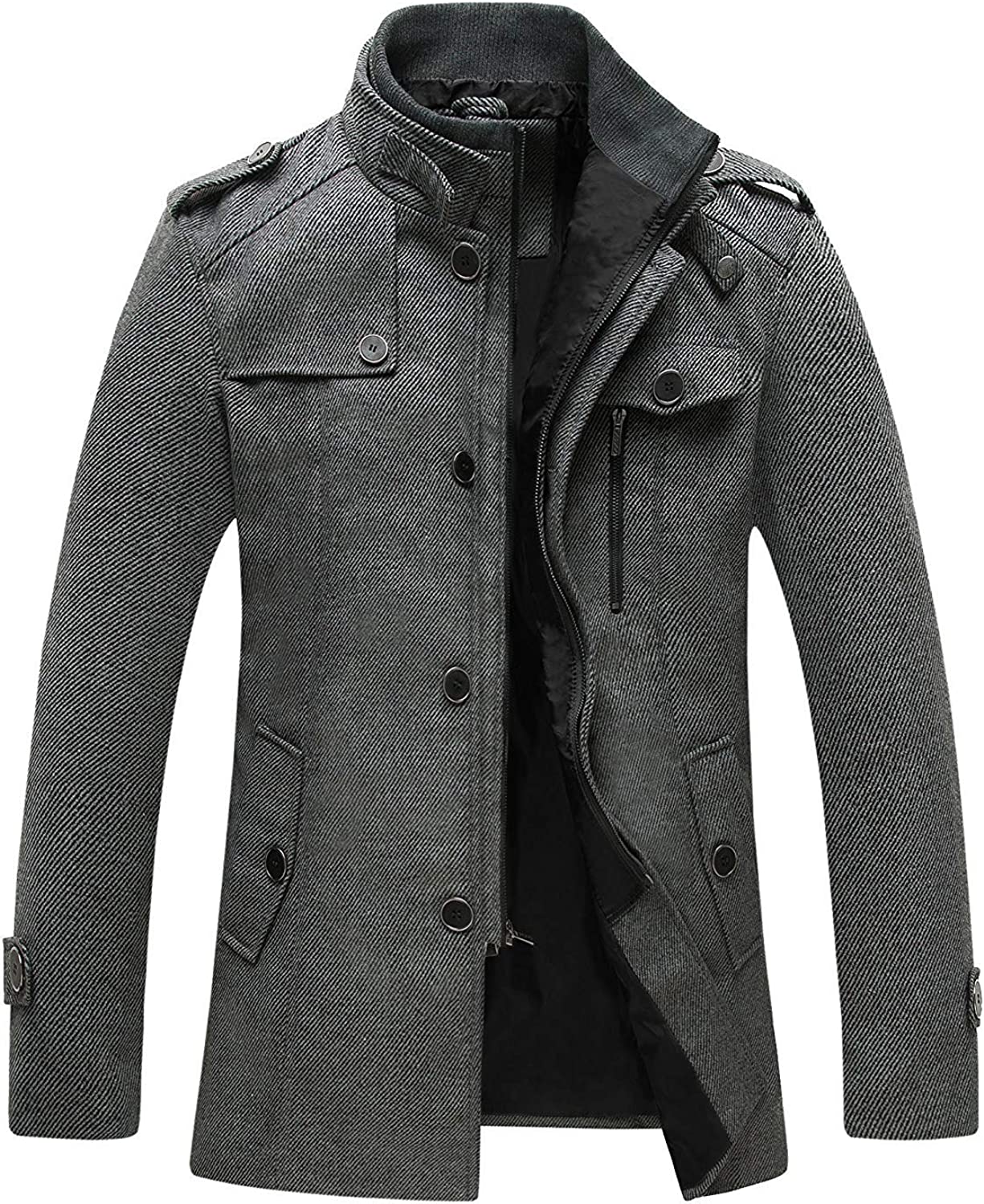 Wantdo Men's Wool Blend Jacket Stand Collar Windproof Pea Coat