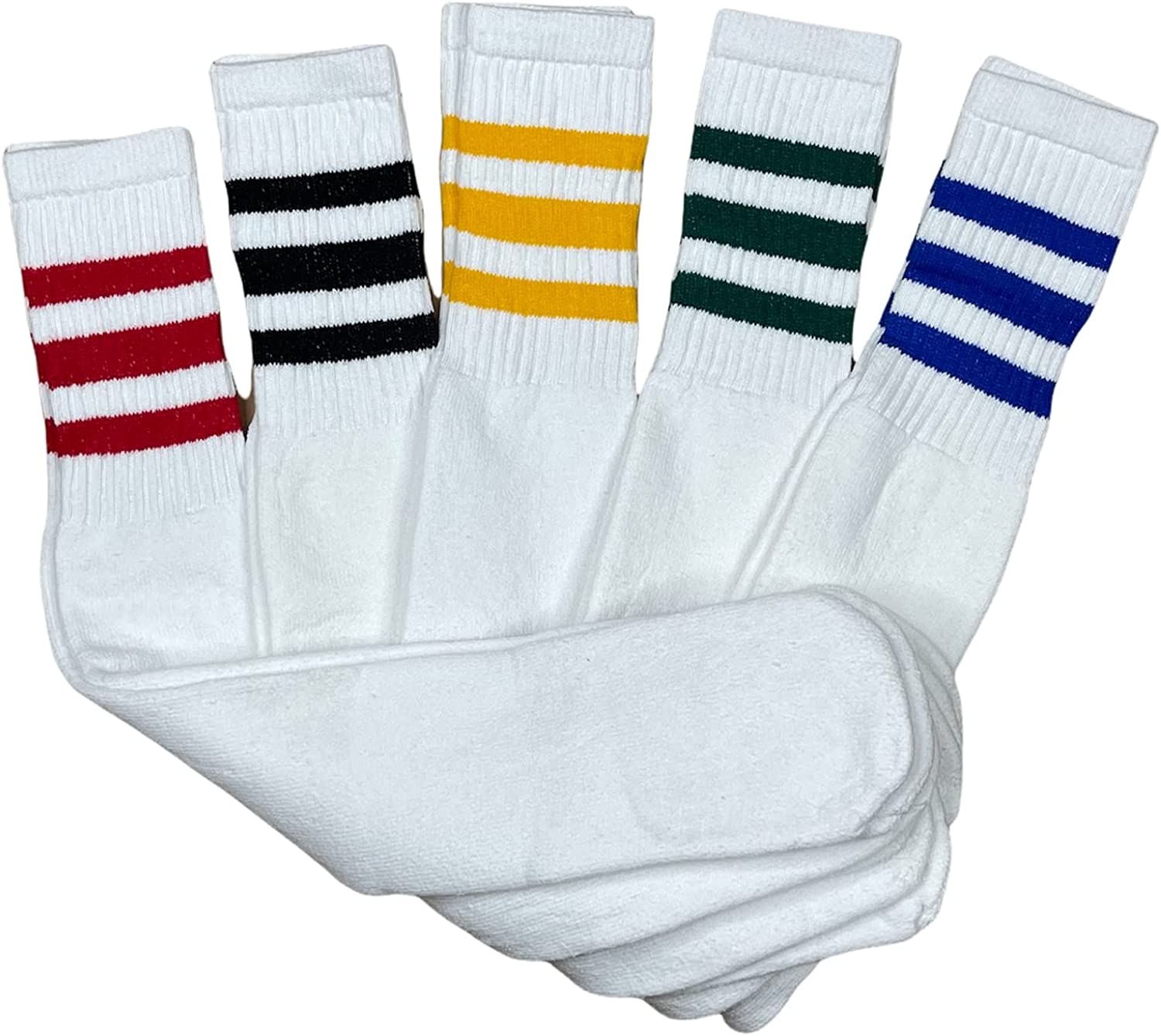SuNi Apparel Striped Tube Socks Men - White Over The Calf Tube Socks Women - Athletic Retro Triple Stripe Knee High Sock