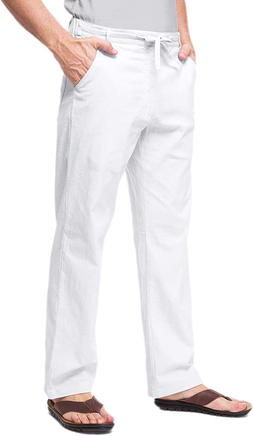 Janmid Men's Linen Pants Casual Elastic Waist Drawstring Yoga Beach Trousers