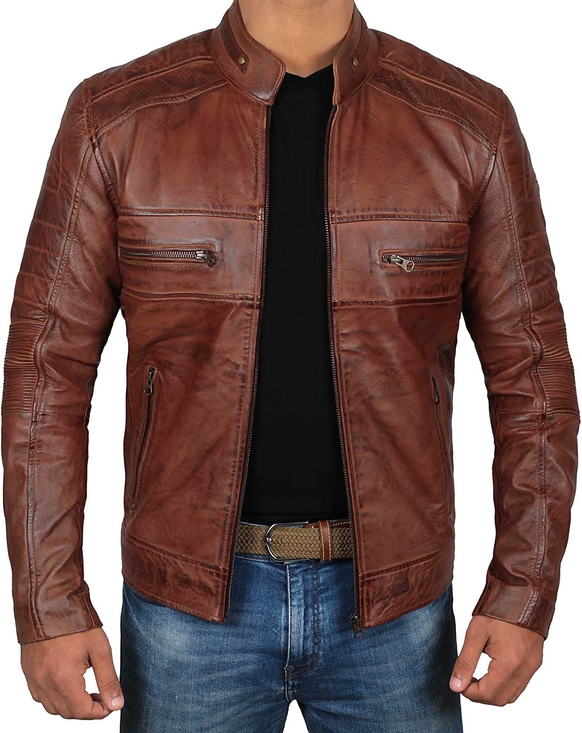 Brown Leather Jacket Mens - Cafe Racer Real Lambskin Leather Distressed Motorcycle Jacket