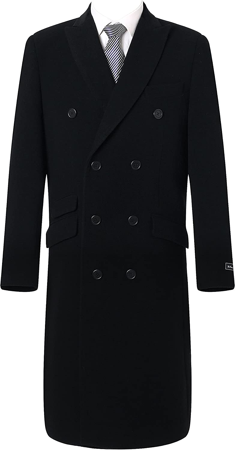 Mens Black Double Breasted Cashmere & Wool Overcoat Winter Cromby With Velvet Collar & SIlver Lining