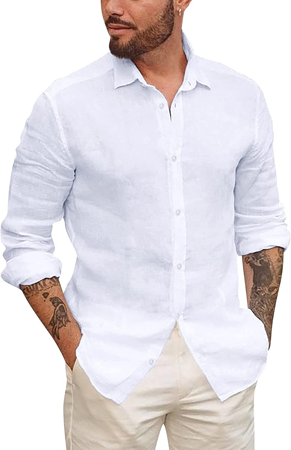 Mens Button Up Shirts Long Sleeve Linen Beach Casual Cotton Summer Lightweight Tops