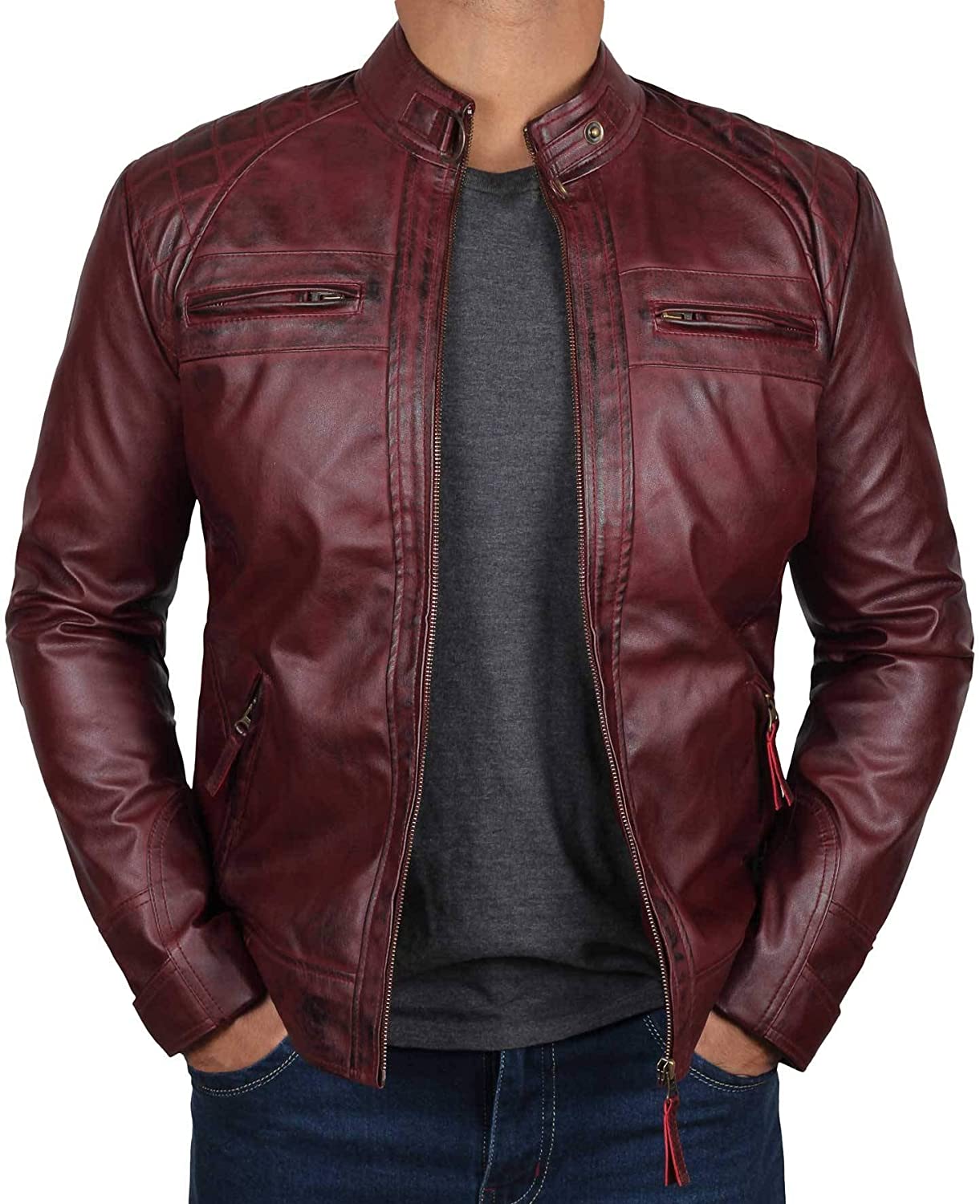Blingsoul Motorcycle Leather Jacket Men - Quilted Cafe Racer Leather Jackets For Men