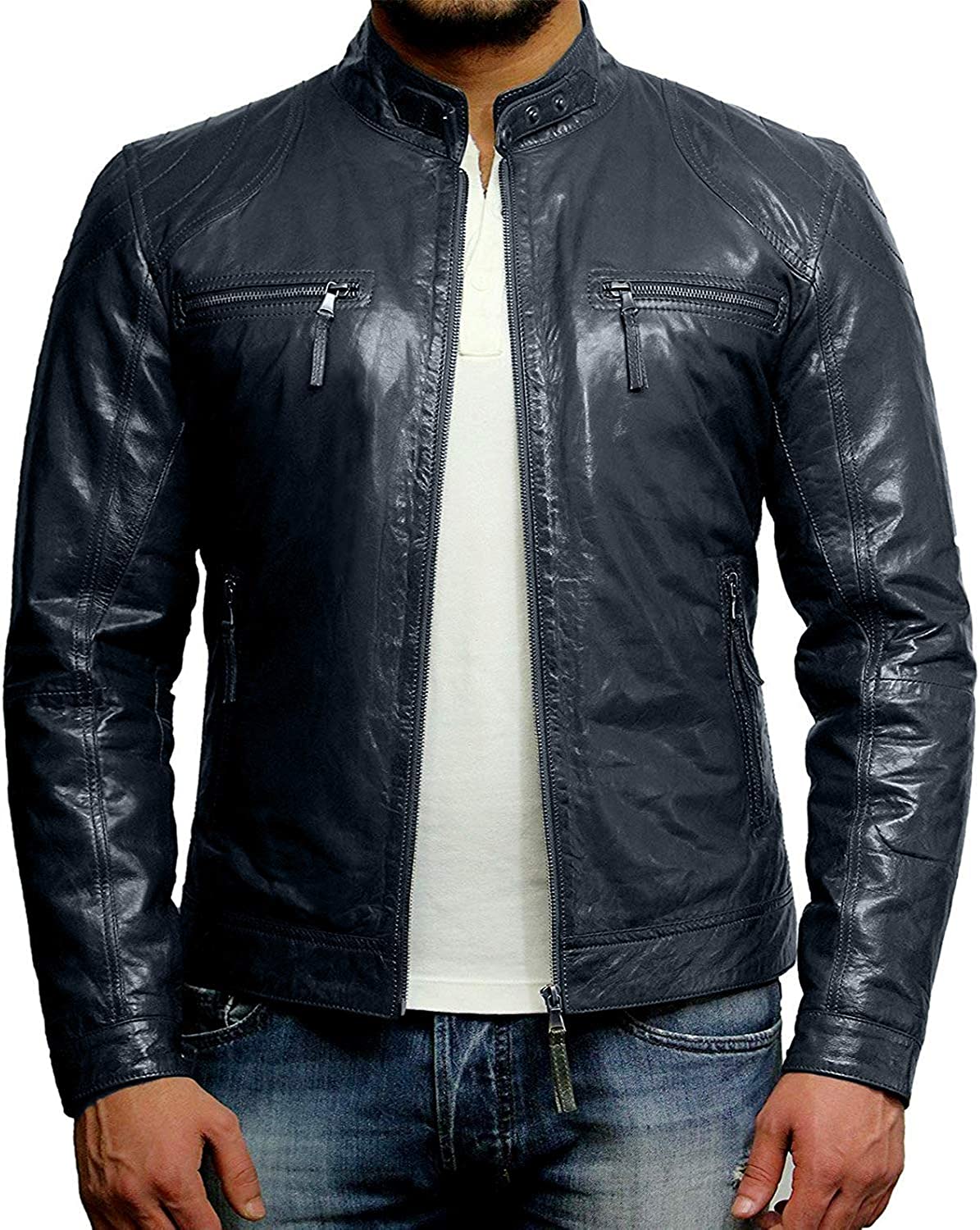 Black Leather Jacket Mens - Cafe Racer Real Lambskin Leather Distressed Motorcycle Jacket