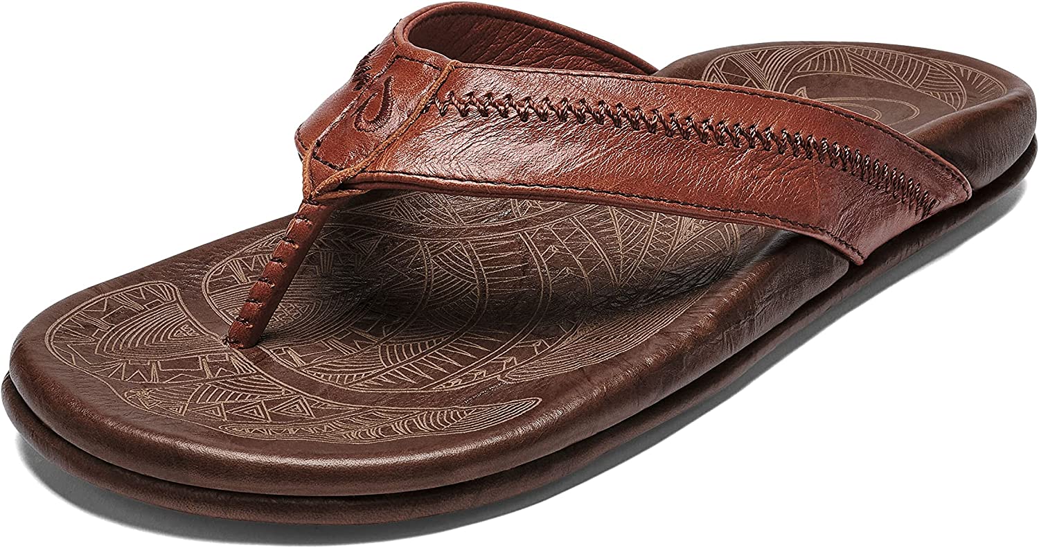 OluKai Hiapo Men's Beach Sandals, Full-Grain Leather Flip-Flop Slides, Compression Molded Footbed & Comfort Fit, Enhanced Grip Soles