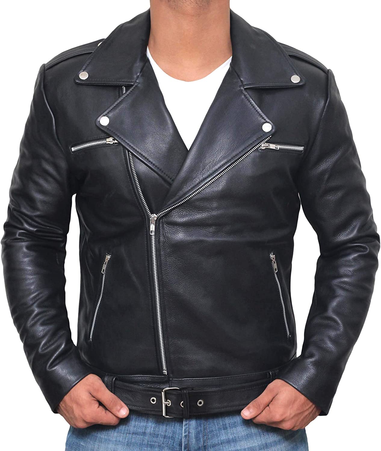 Black Motorcycle Mens Leather Jacket - Real Lambskin Biker Leather Jacket for Men