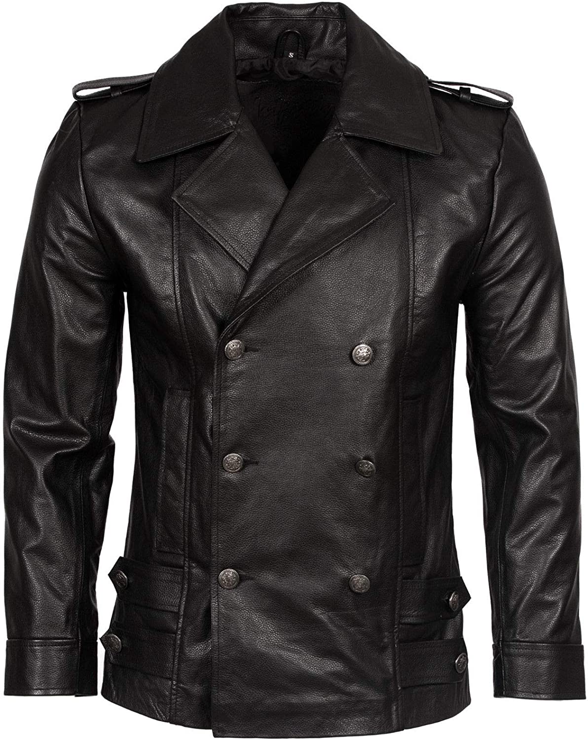 Mens Classic German Navy Military Peacoat Black Cowhide Leather Jacket