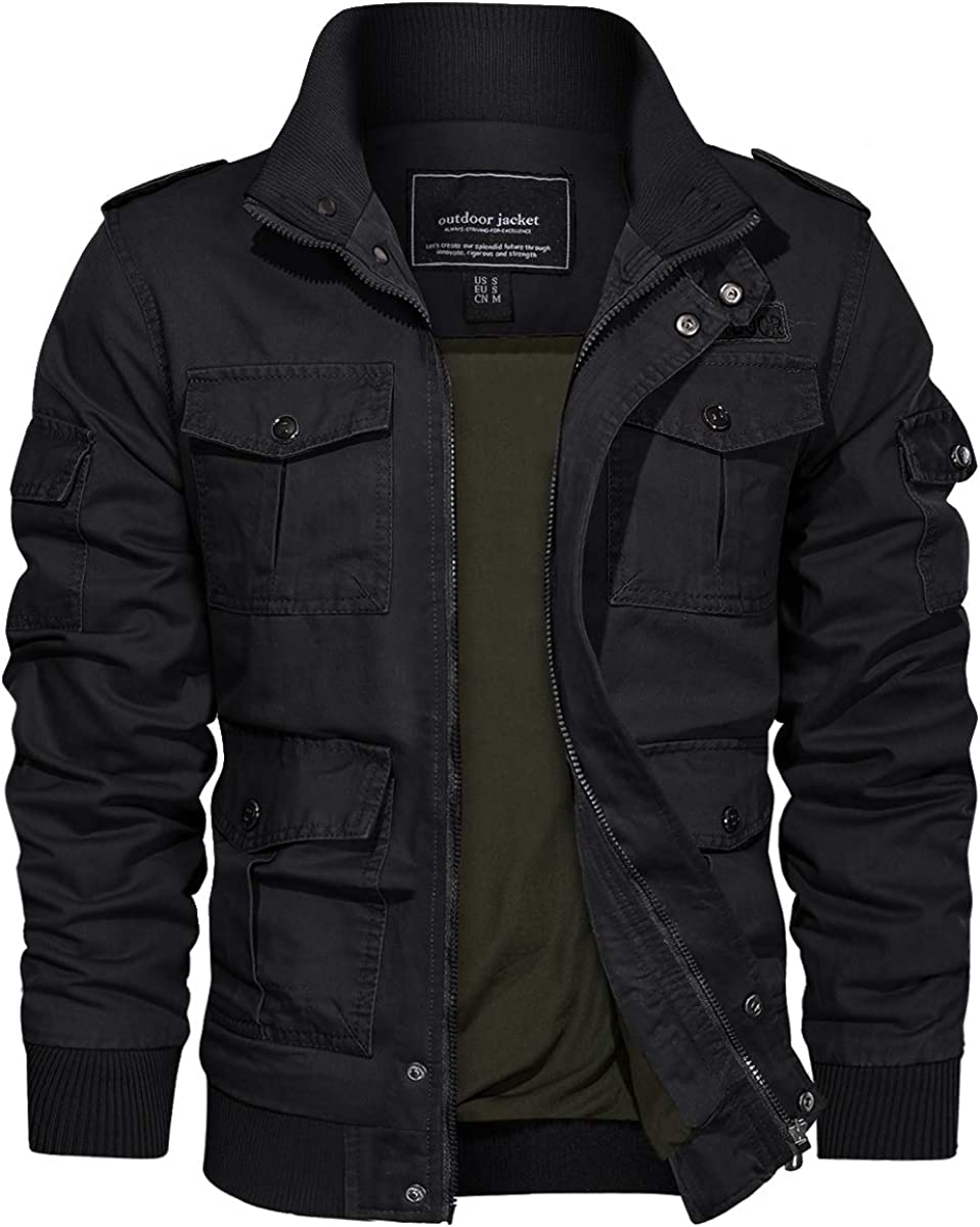 TACVASEN Men's Cotton Jackets Military Cargo Bomber Working Jackets with Multi Pockets Warm Coats