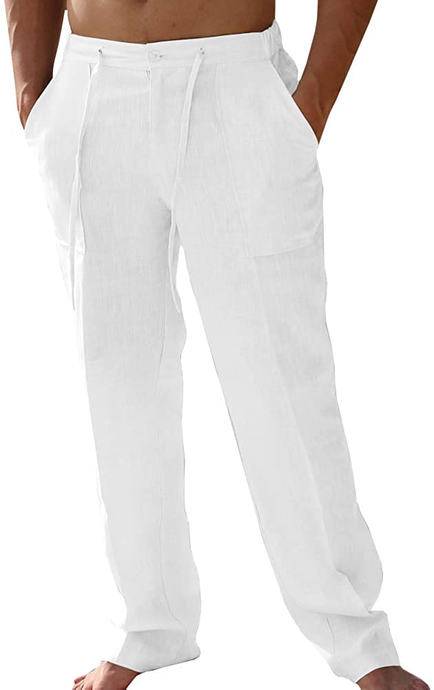 PASLTER Mens Casual Linen Pants Loose Fit Straight-Legs Elastic Drawstring Waist Summer Beach Yoga Long Pants