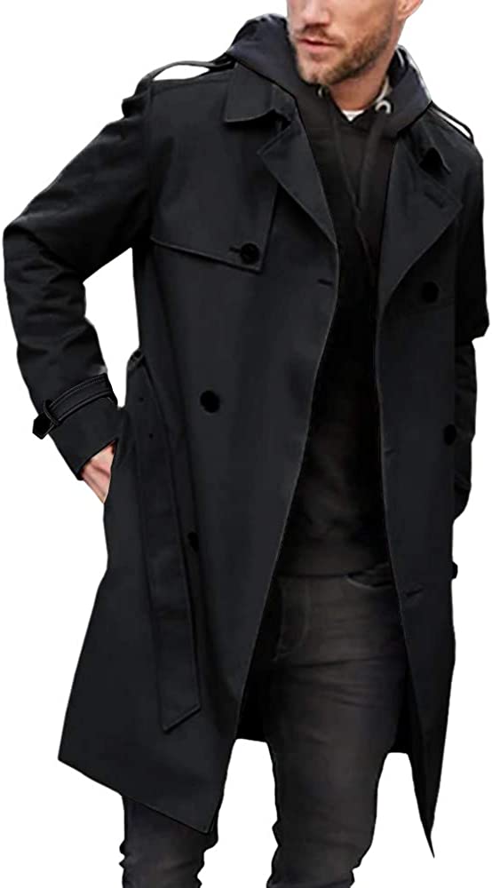 Mens Trench Coat Slim Fit Double Breasted Long Jacket Notched Lapel Belt Fall Windproof Coat