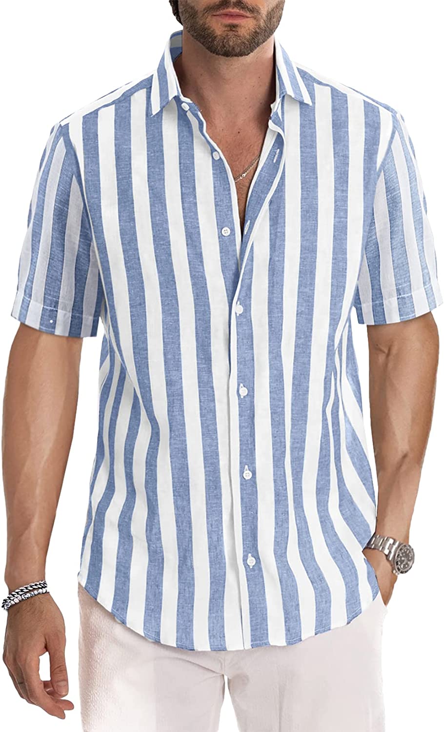 JMIERR Men's Casual Short Sleeve Button-Up Striped Dress Shirts Cotton Shirt