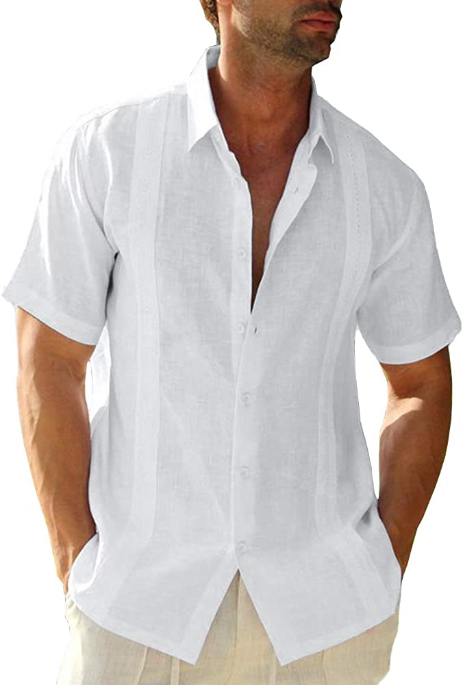Hestenve Mens Short Sleeve Cuban Camp Guayabera Shirt Linen Cotton Hippie Beach Button Down Shirts