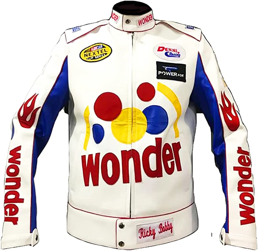 Men's Ricky Bobby Racing Nights Wonder The Bread Speed White Leather Motorcycle Jacket