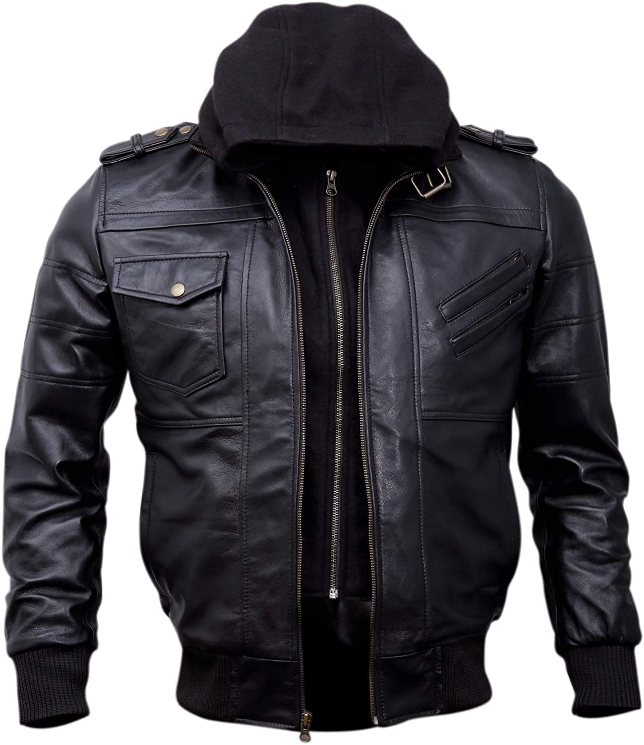 Mens Genuine Black Hooded Bomber Leather Jacket | Real Lambskin Waxed Brown Leather Jackets for Men with Removable Hood