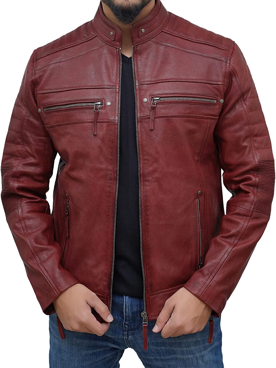 Petersign Maroon Leather Jacket Men Motorcycle Biker Real Lambskin Casual Jackets