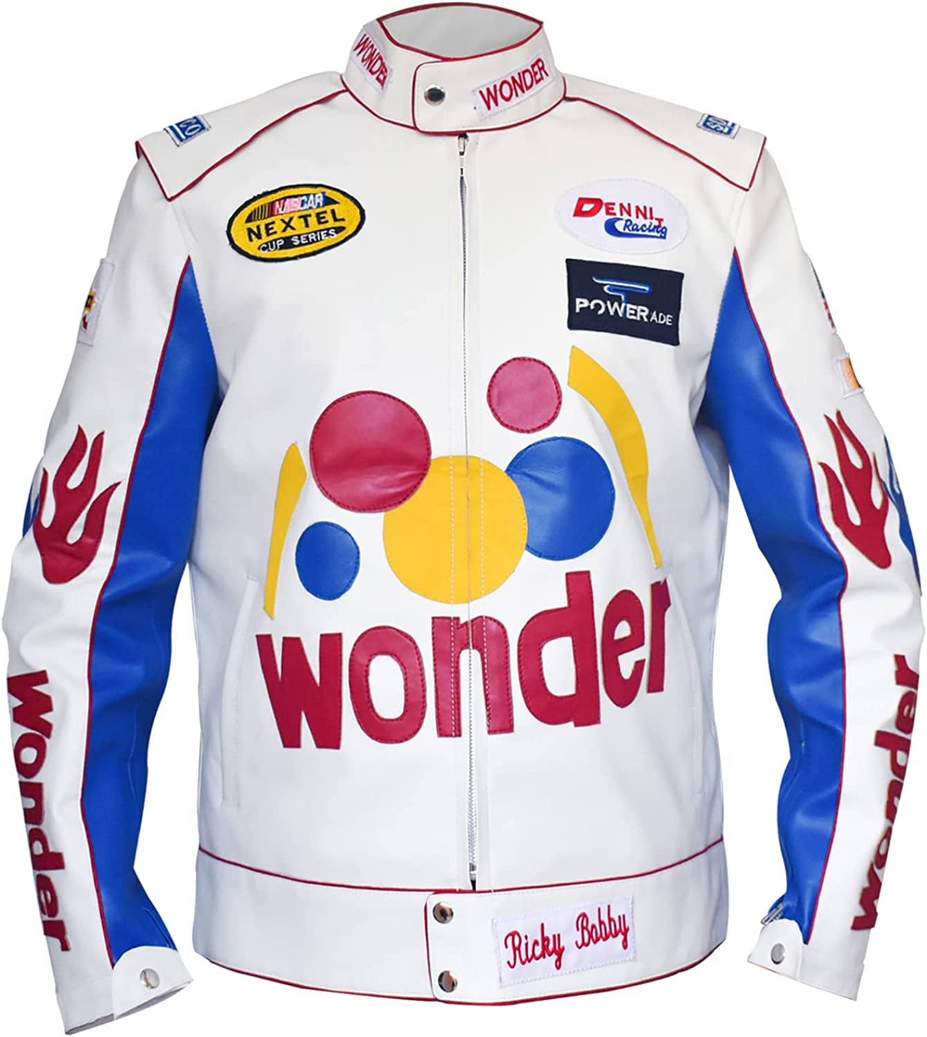 Mens Ricky Bobby Racing White Faux Leather Motorcycle Wonder Jacket, XXS-5XL