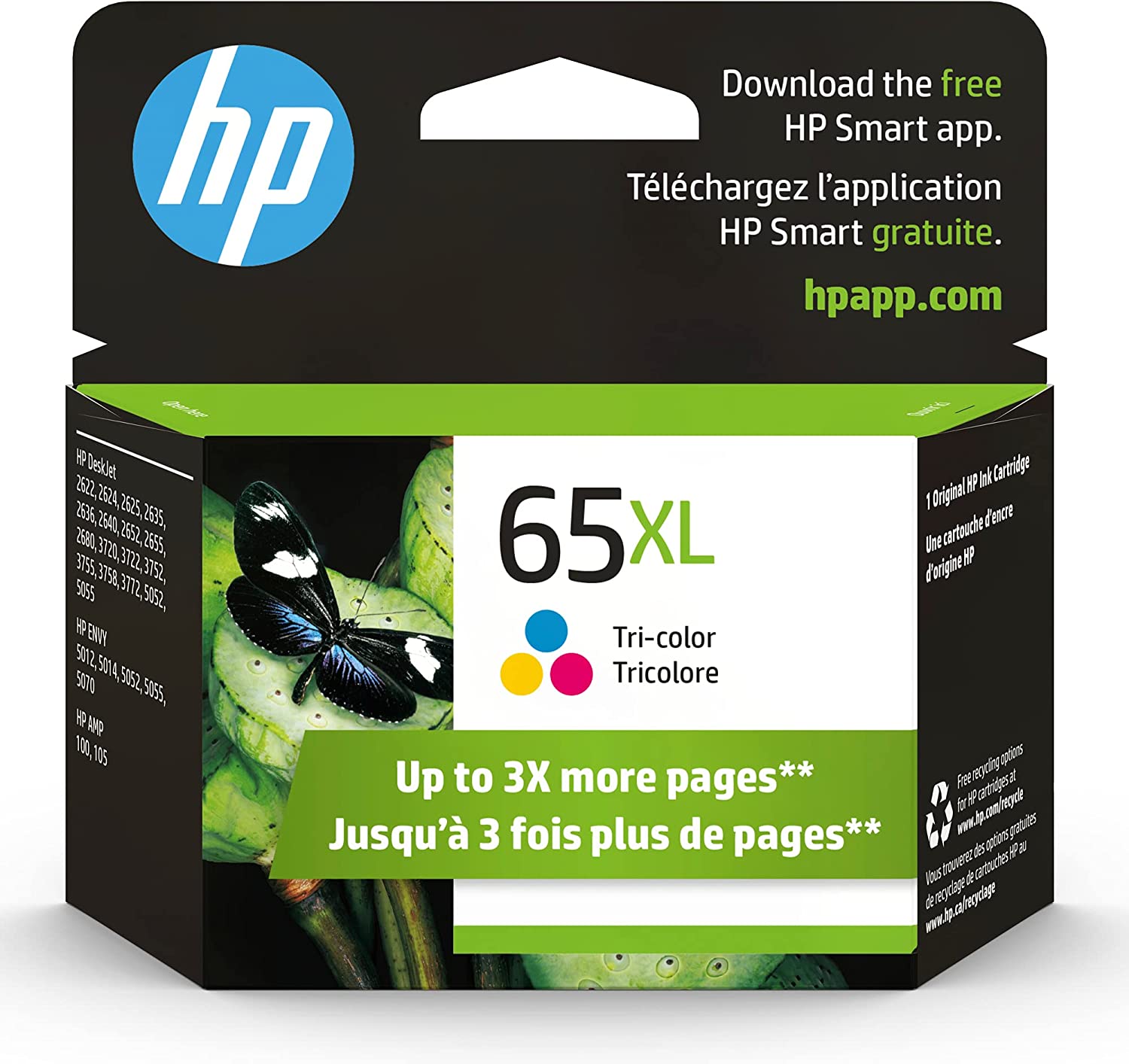 Original HP 65XL Tri-color High-yield Ink Cartridge | Works with HP AMP 100 Series, HP DeskJet 2600, 3700 Series, HP ENVY 5000 Series | Eligible for Instant Ink | N9K03AN
