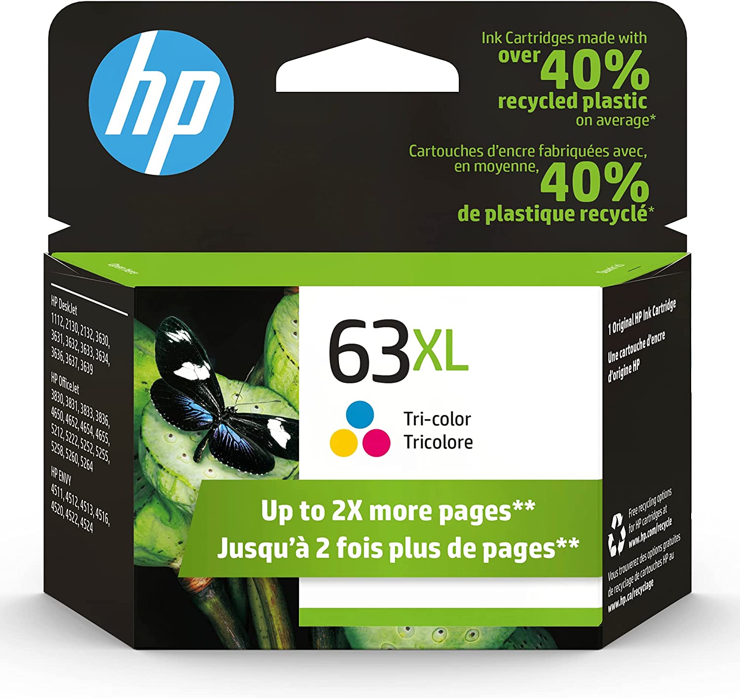 Original HP 63XL Tri-color High-yield Ink | Works with HP DeskJet 1112, 2130, 3630 Series; HP ENVY 4510, 4520 Series; HP OfficeJet 3830, 4650, 5200 Series | Eligible for Instant Ink | F6U63AN