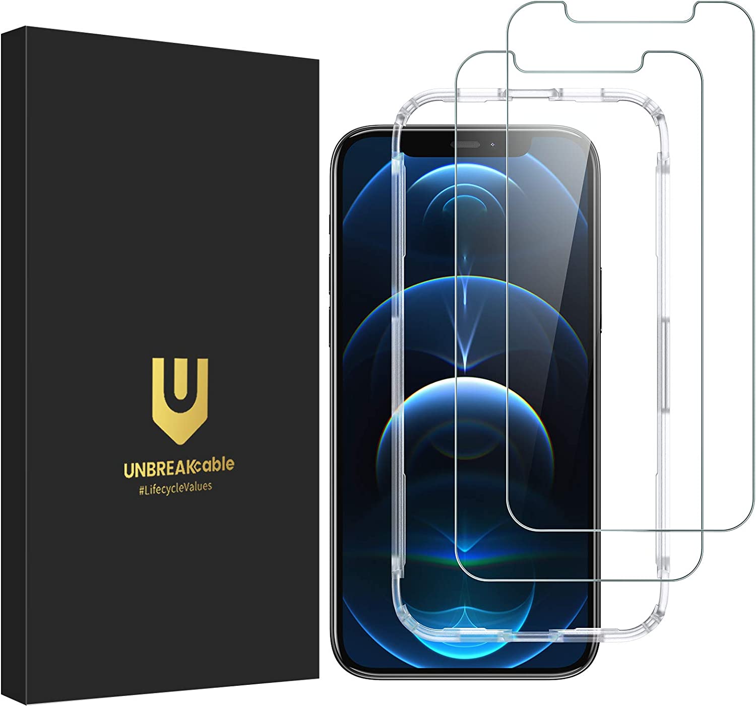 UNBREAKcable Shatterproof Tempered Glass Screen Protector for iPhone 12/12 Pro [2-Pack] [99.99% HD Clear] [Easy Installation Frame] [9H Hardness] [Full Coverage] [Bubble Free] for Apple 6.1''