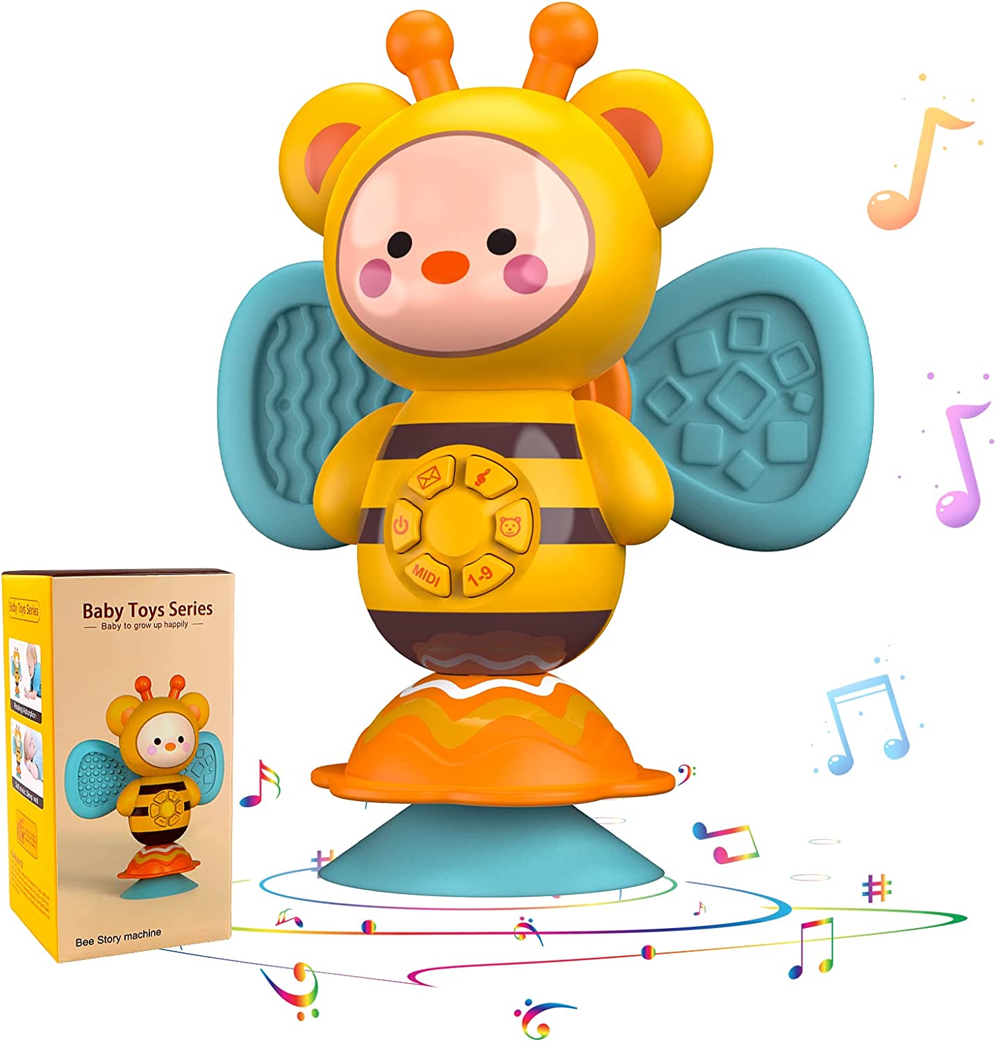 Tinabless Suction Cup High Chair Toy, Baby Musical Toy Yellow Bee Toy with Music and LED Lights, Infant Light Up Toys, Developmental Tray Toy, Newborn Gifts for Ages 6 Months and Up Boys Girls