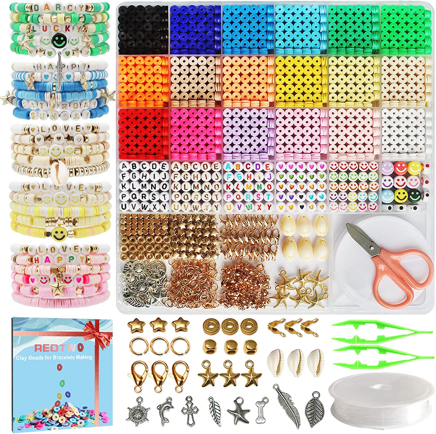 Redtwo 5100 Clay Beads Bracelet Making Kit, 6mm Flat Preppy Polymer Heishi Clay Beads,Charms and Stretchy Strings Kit for Making Bracelets Jewelry and DIY Crafts(1 Gift Box)