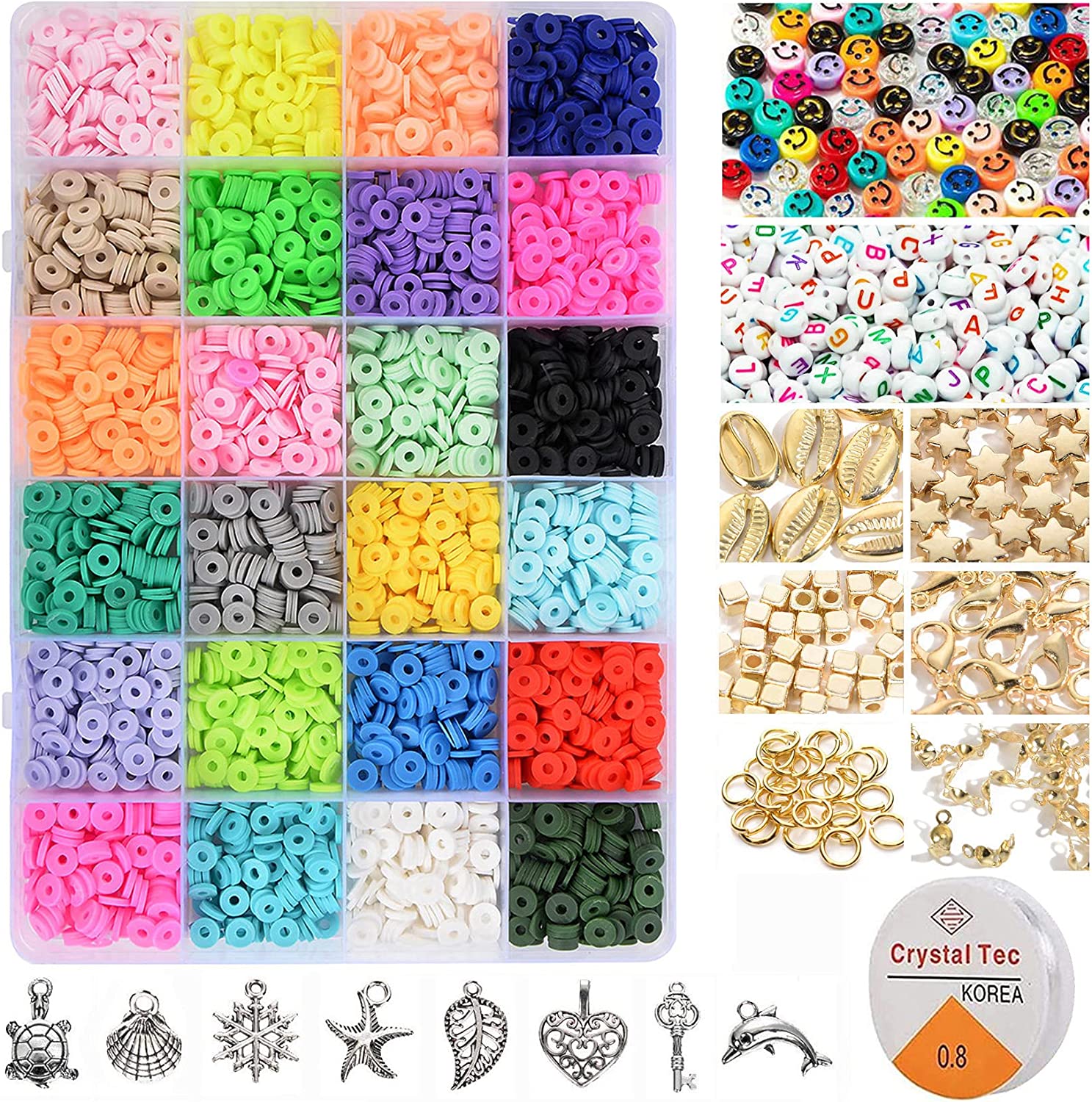 4500 Pcs Clay Beads for Bracelet Making Kit, 24 Colors Flat Round Polymer Clay Beads 6mm Spacer Heishi Beads with Pendant Charms and Elastic Strings for Jewelry Making Kit Craft Supplies