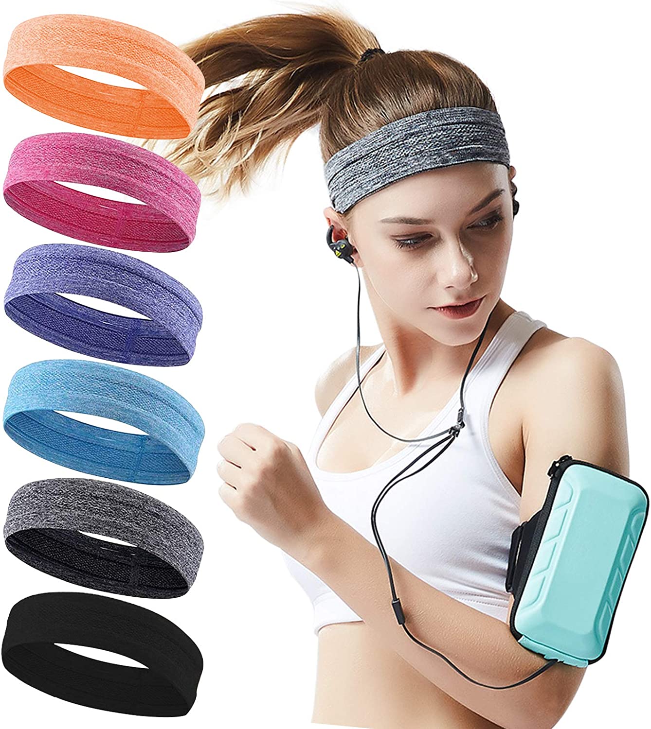 QiShang 6Pack Workout sweatbands for Women Head, Sport Hair Bands for Women's Hair Non Slip, Moisture Wicking Headband for Running