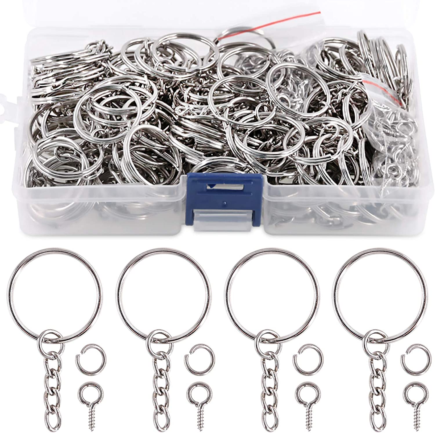 Swpeet 450Pcs 1" 25mm Sliver Key Chain Rings Kit, Including 150Pcs Keychain Rings with Chain and 150Pcs Jump Ring with 150Pcs Screw Eye Pins Bulk for Jewelry Findings Making (Sliver)