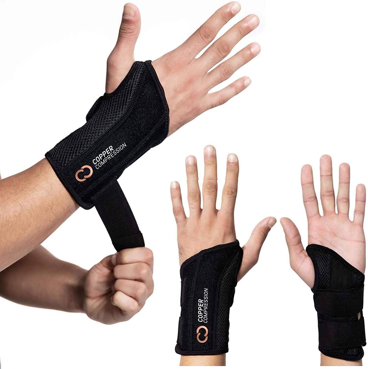 Copper Compression Recovery Wrist Brace - Copper Infused Adjustable Support Splint for Pain, Carpal Tunnel, Arthritis, Tendonitis, RSI, Sprain. Night Day Splint for Men Women - Fits Right Hand S-M