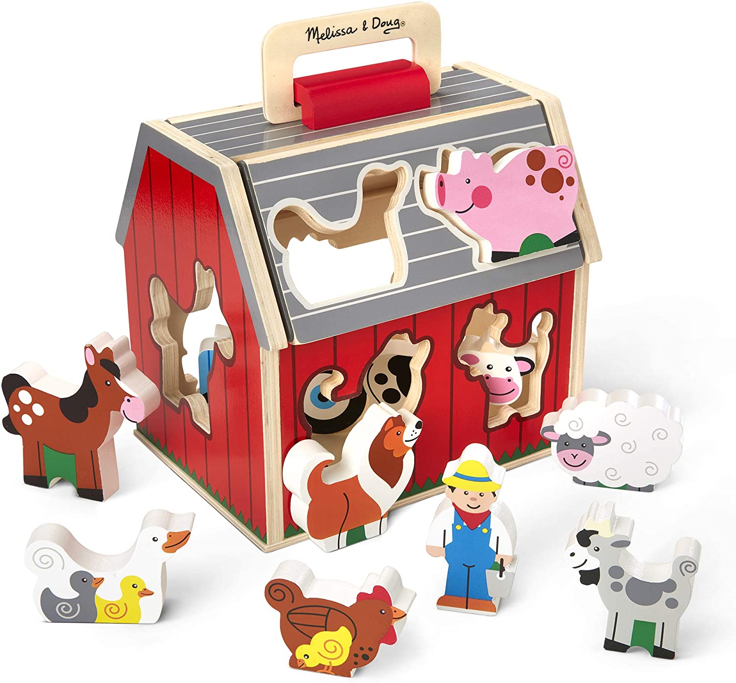 Melissa & Doug Wooden Take-Along Sorting Barn Toy with Flip-Up Roof and Handle 10 Wooden Farm Play Pieces