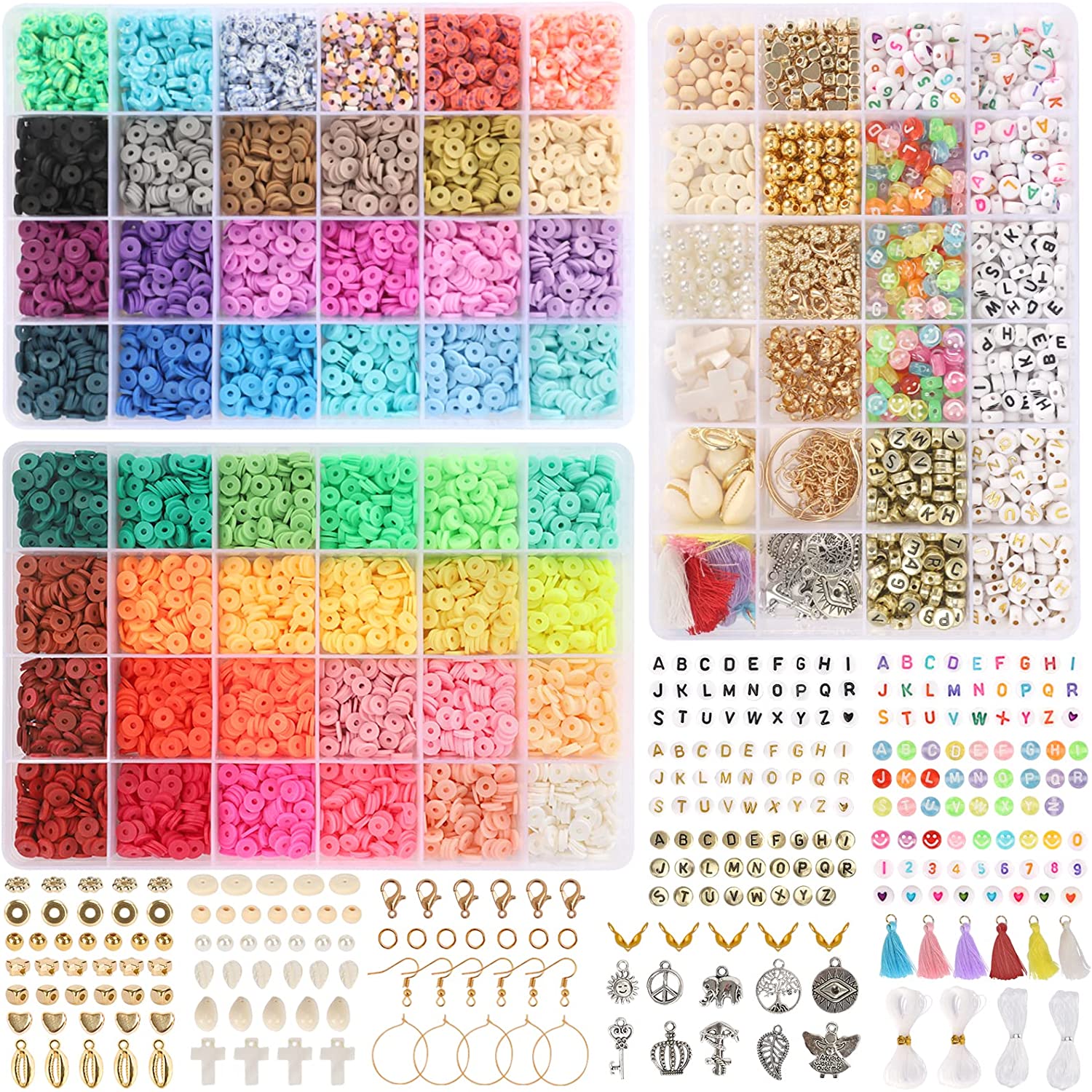 Quefe 8400pcs Clay Beads Bracelet Making Kit, Heishi Beads with 560pcs Letters Beads 48 Colors Polymer Clay Beads 3 Boxes with Elastic String Pendant for DIY Jewelry Bracelets Necklace Making