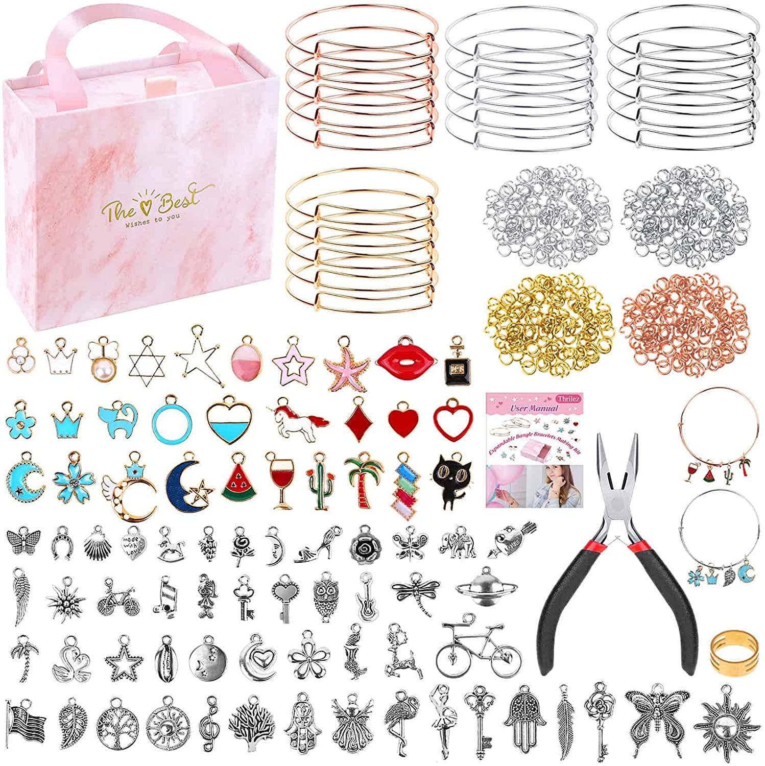 300Pcs Bangle Bracelets Making Kit, Thrilez Charm Bracelet Making Kit with Expandable Bangles, Charms, Jump Rings and Pliers for Jewelry Making Bangle Bracelets (with Gift Box and Tools)