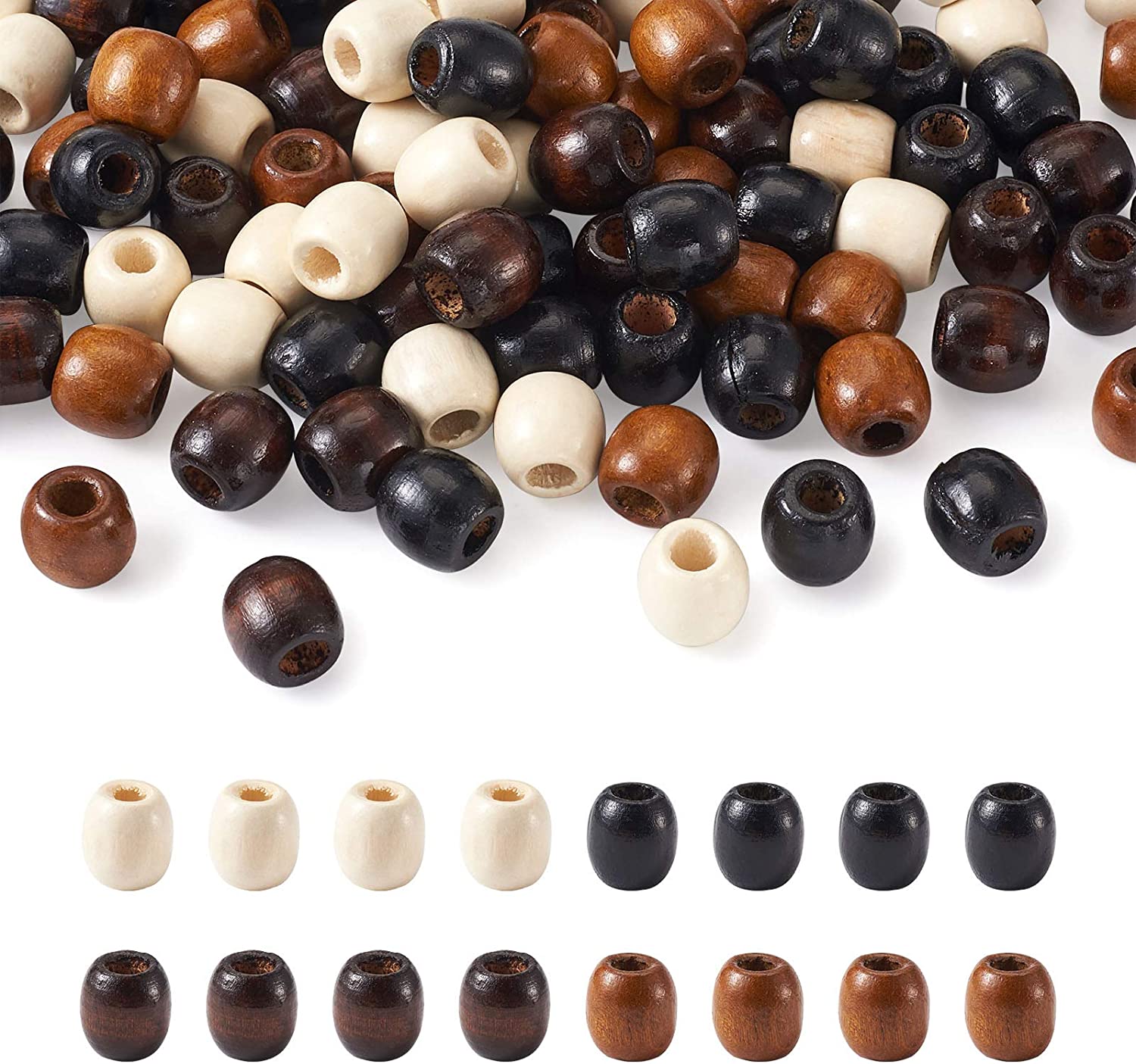 Craftdady 200Pcs Large Hole Barrel Wood European Loose Beads 4 Colors Natural Wooden Dreadlock Hair Braid Beads 16x16-17mm for Macrame Rosary Bracelet Jewelry Craft Making Hole: 8mm
