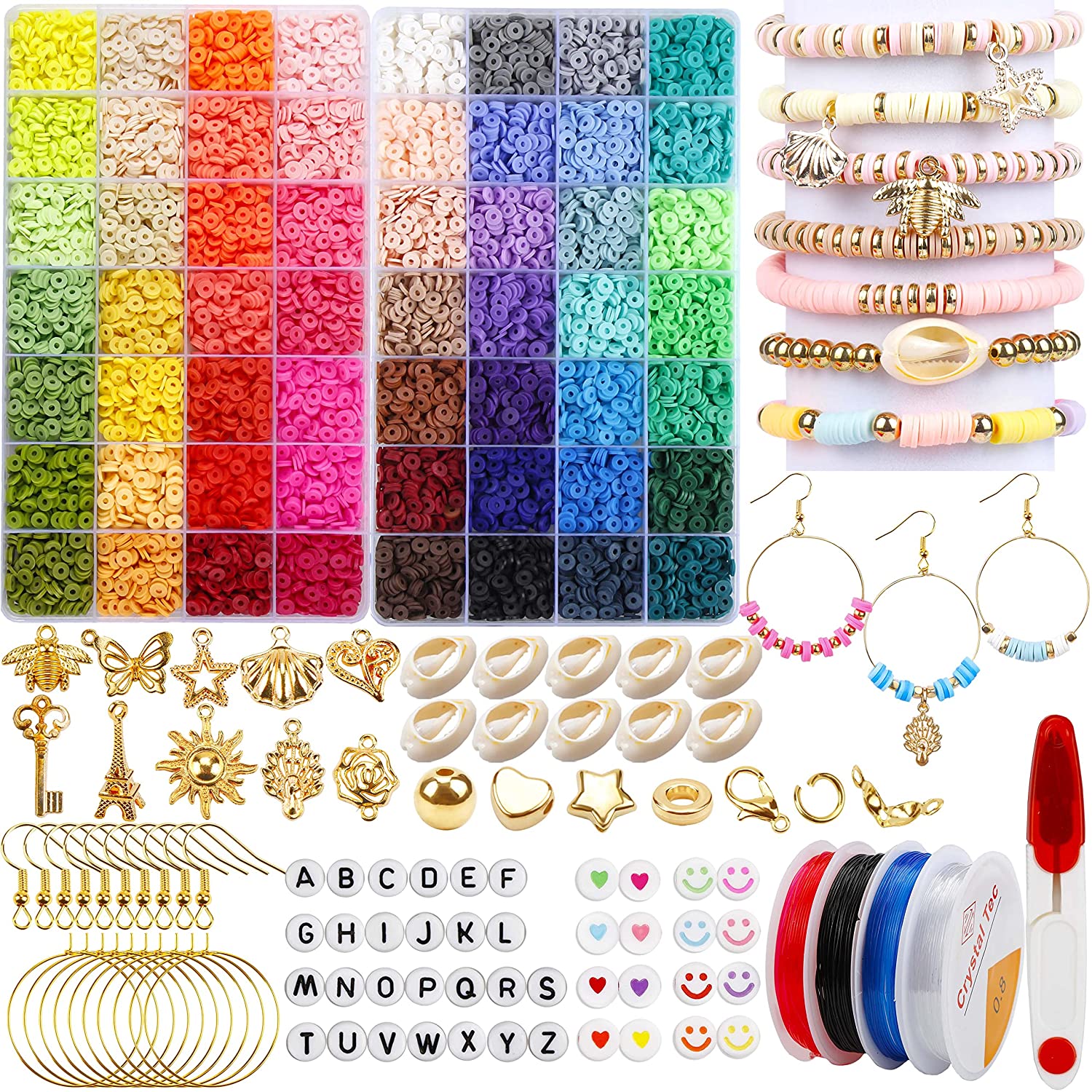 14600 Pcs Clay Heishi Beads Kit Including 56 Color Clay Beads, 200 Pcs Letter Beads, Pendant, Jump Rings and Elastic Cords for DIY Jewelry Making Bracelets Necklace Earring Making Supplies