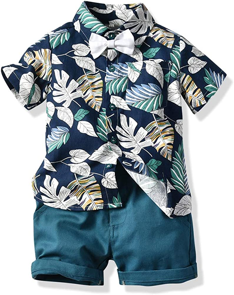 JunNeng Toddler Baby Boy Shorts Sets Hawaiian Outfit,Infant Kid Leave Floral Short Sleeve Shirt Top+shorts Suits