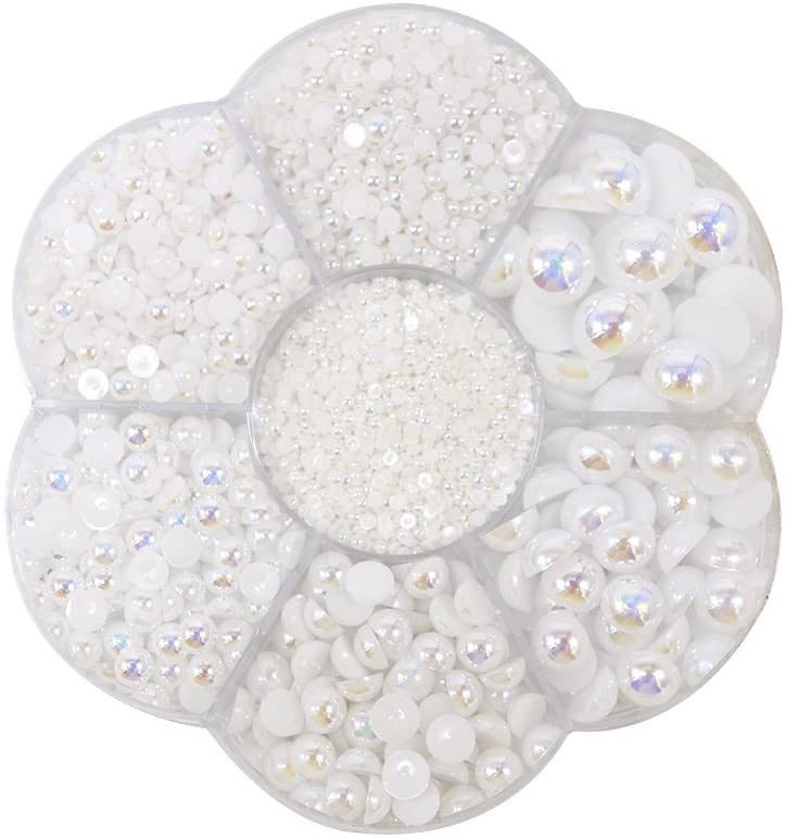 Approx 5600pcs Mixed Size DIY Half Pearl Bead Flat Back Plastic Craft Plastic Box (AB White)