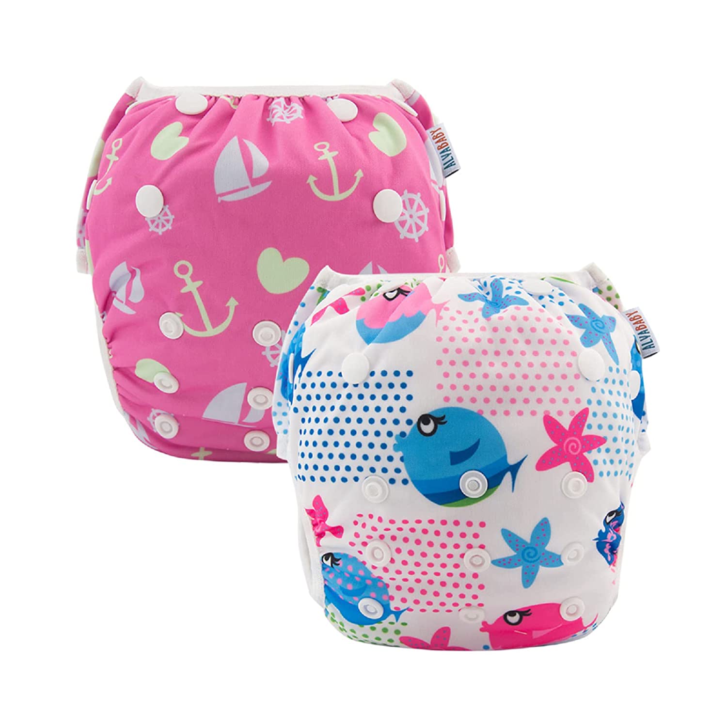 ALVABABY Swim Diapers 2pcs Baby Toddler Infant Snap One Size Reusable Adjustable Baby Shower Gifts Baby Girl SW09-10