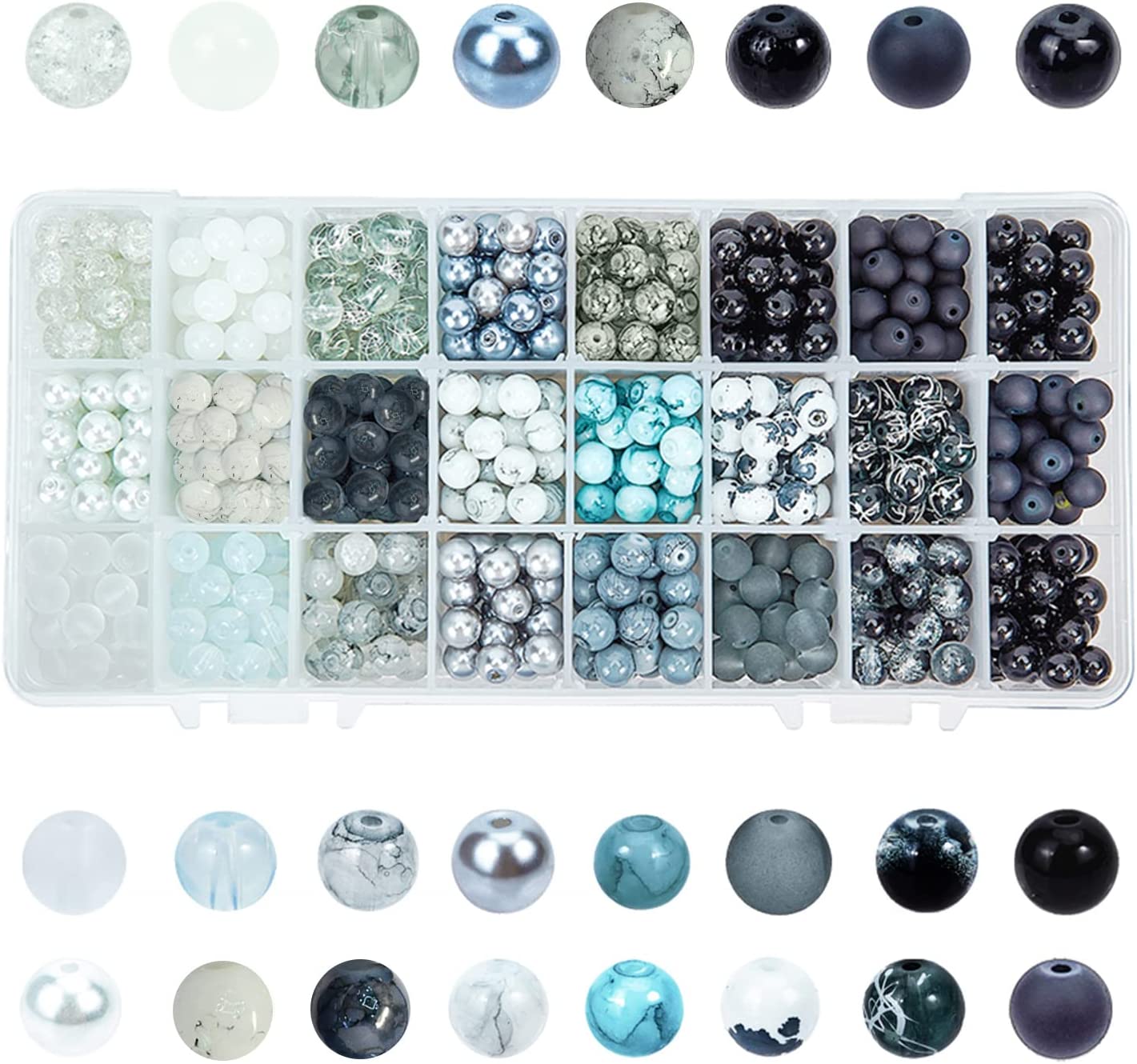 PH PandaHall 24 Color 8mm Round Glass Beads, 720pcs Black White Bracelet Beads Bulk Marble Loose Beads Spacers for Bracelet Earring Necklace Jewelry Making Halloween Eid Mubarak Ramadan Decoration