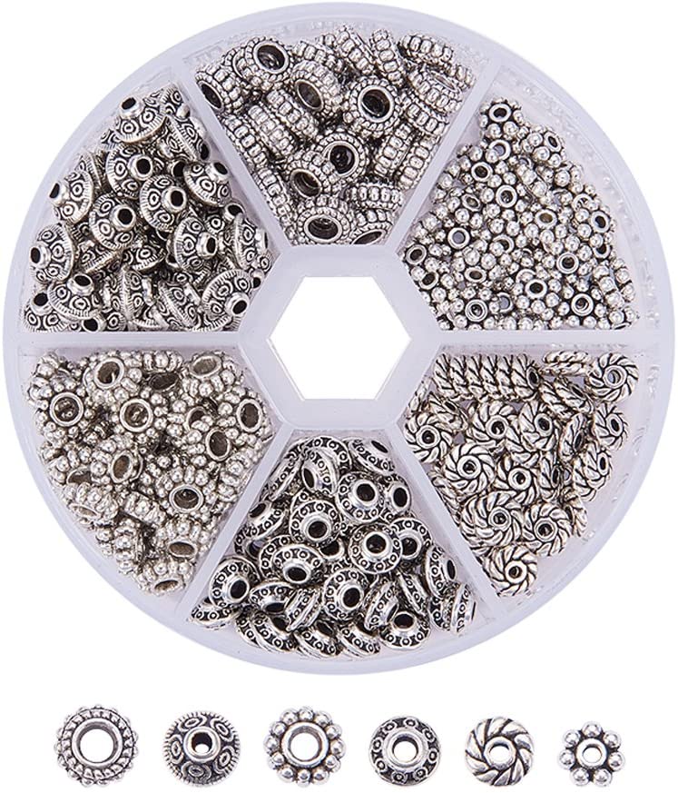 PH PandaHall 300pcs 6 Style Antique Silver Spacer Beads, Tibetan Metal Alloy Jewelry Beads Tube Spacers Flower Flat Rondelle Small Loose Beads for Bracelet Necklace Earring Jewelry Making Supplies