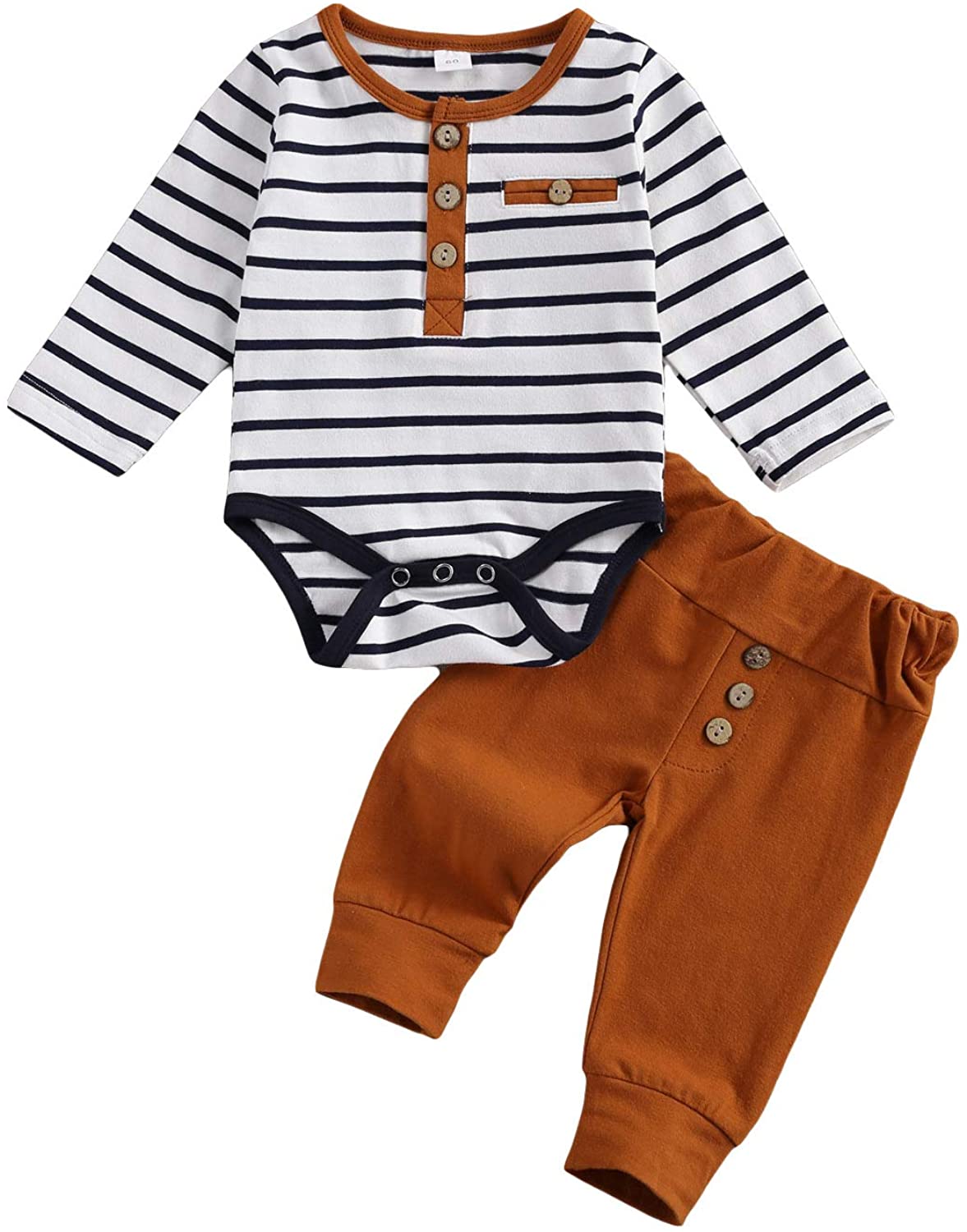 2Pcs/Set Newborn Baby Boys Outfit Long Sleeve Striped Bodysuit Romper Solid Pants Fall Winter Clothes