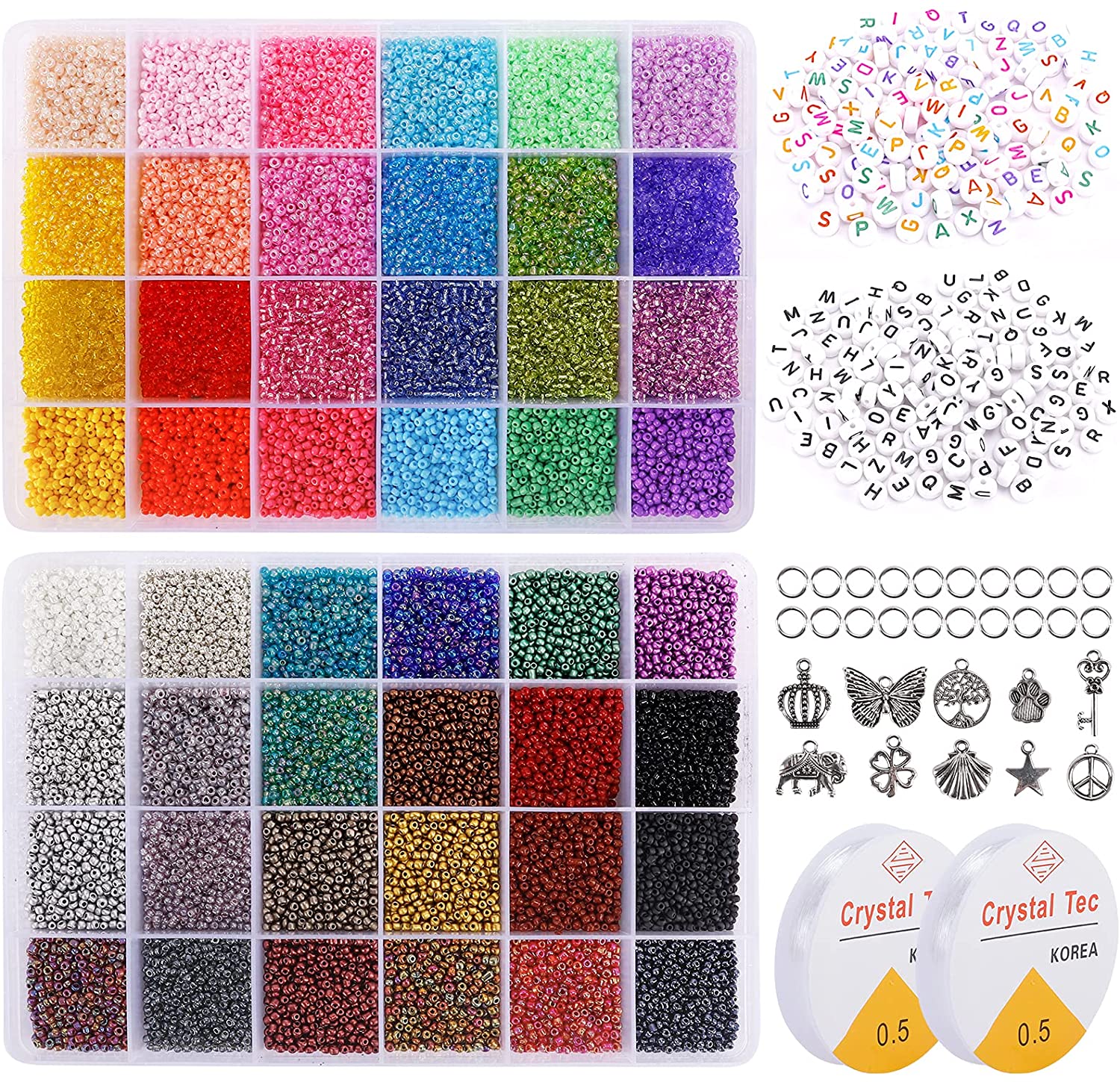 Quefe 38000pcs 2mm 12/0 Glass Seed Beads Kit for Jewelry Making ,48 Colors Bracelet Beads with Letter Beads Bulk, Neutral Gold Colors Waist Beads for DIY Craft Making Supplies