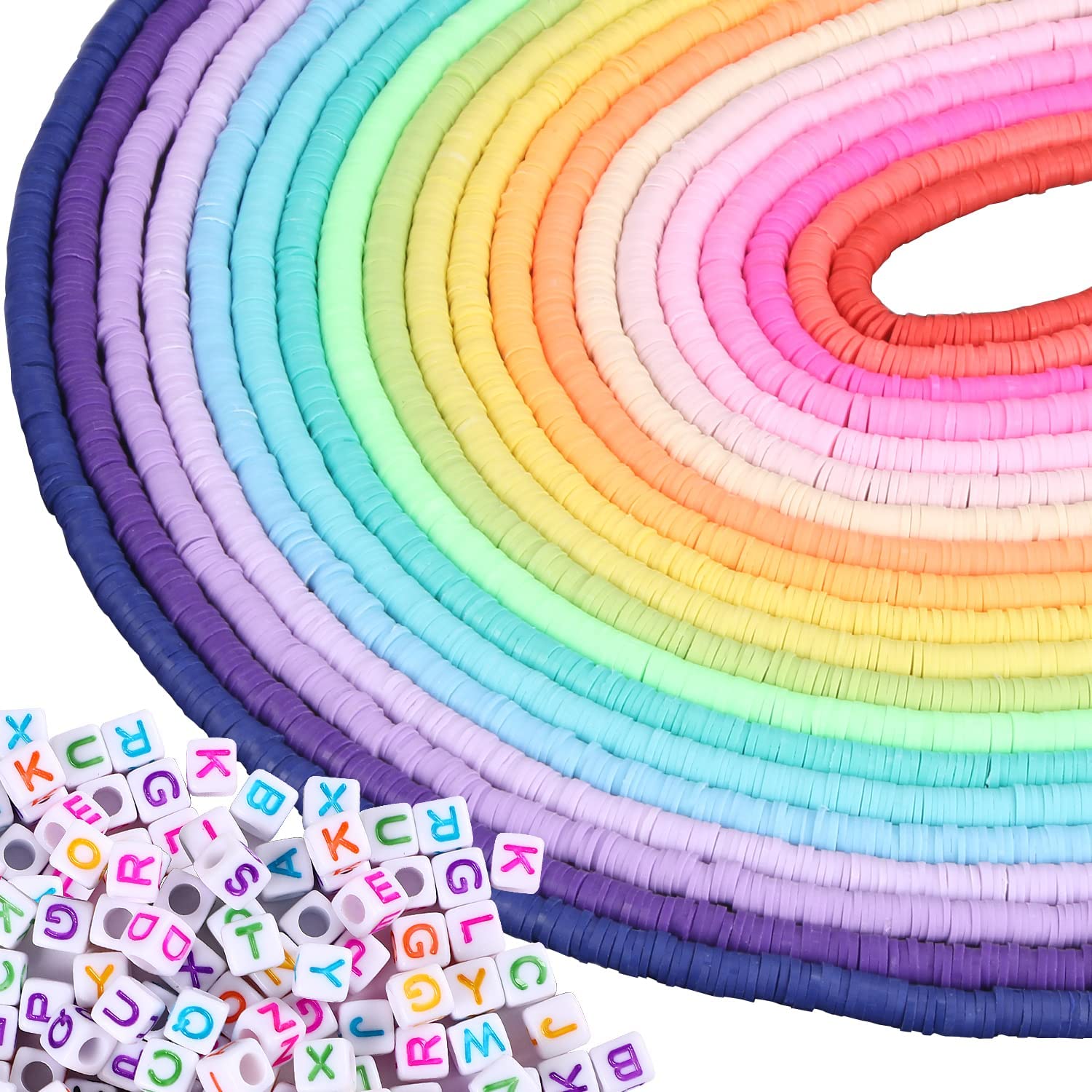 6700 Pcs Colorful Flat Clay Beads and Alphabet Beads for DIY Polymer Colorful Round Handmade Heishi Jewelry Making Beads for Necklace Bracelet Earring Pendant and Anklet Craft Making (20 Strands 6mm)
