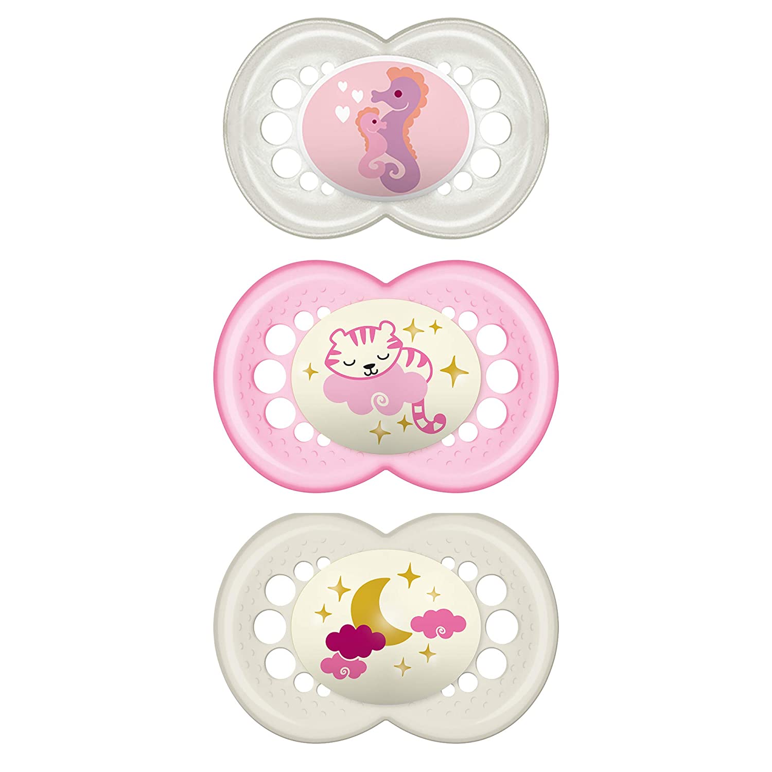 MAM Original Day & Night Baby Pacifier, Nipple Shape Helps Promote Healthy Oral Development, Glows in The Dark, 3 Pack, 16+ Months, Girl