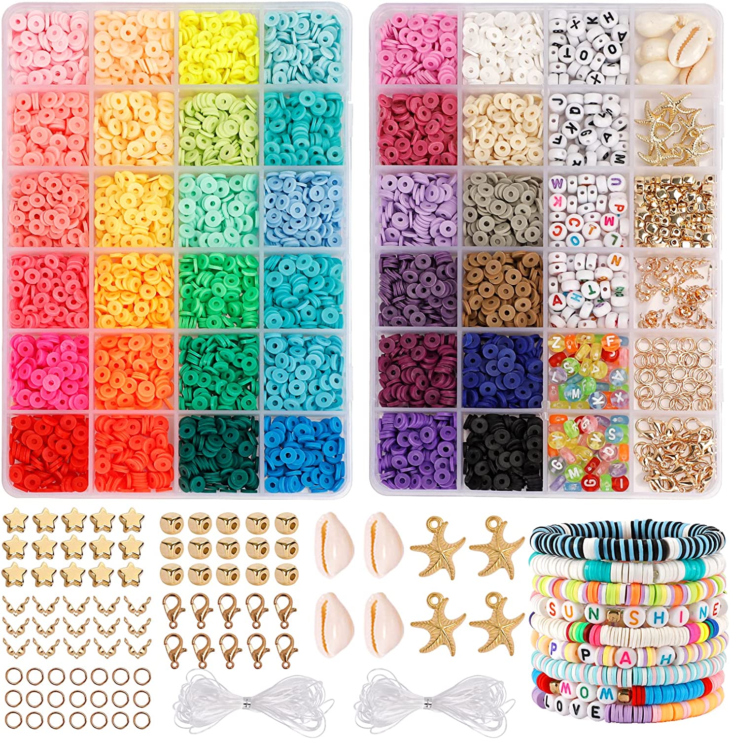 Quefe 5000pcs Clay Heishi Beads for Bracelet Jewelry Making, Polymer Flat Round Clay Beads Kit with 240pcs Letter Beads, Pendant Charms and Elastic Strings, 36 Colors 6mm